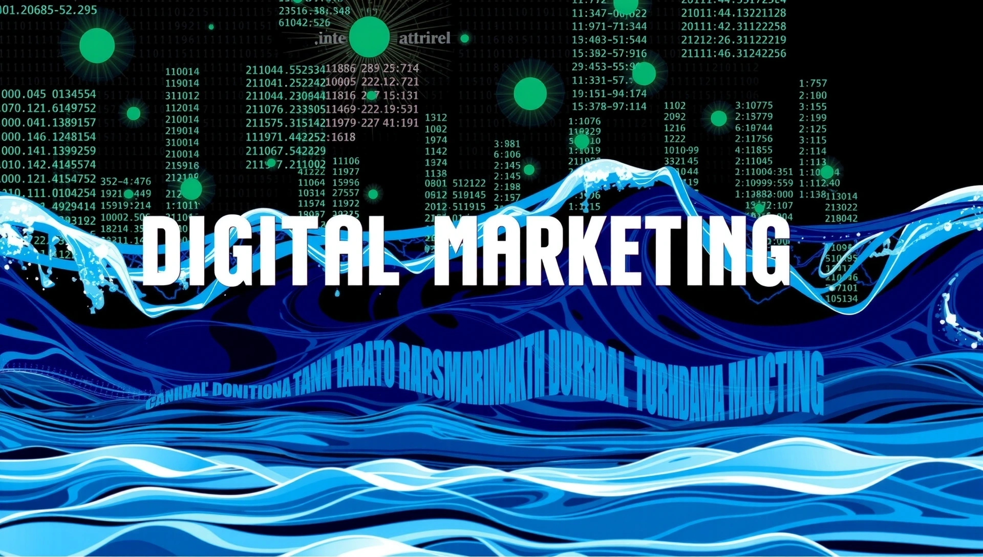Abstraktní vlny digitálního oceánu s prvky dat a technologie, symbolizující digitální marketing.