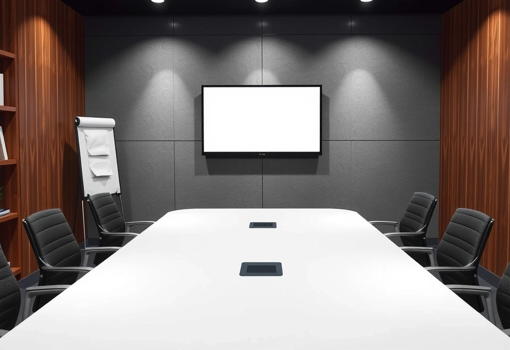 Moderní konferenční místnost s velkým monitorem a židlemi