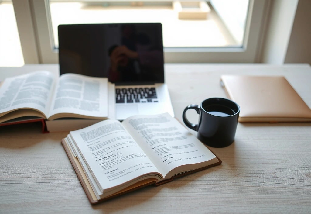 Stůl s notebookem, knihami a šálkem kávy, symbolizující učení a rozvoj