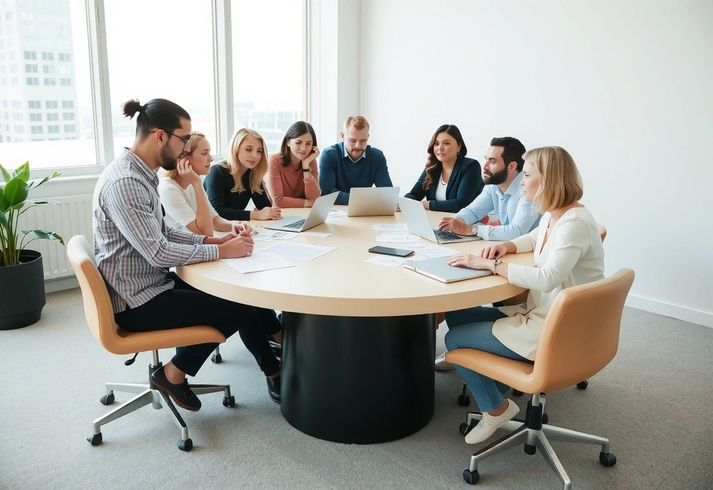 Týmová spolupráce v brandocean, lidé pracující u stolu s notebooky