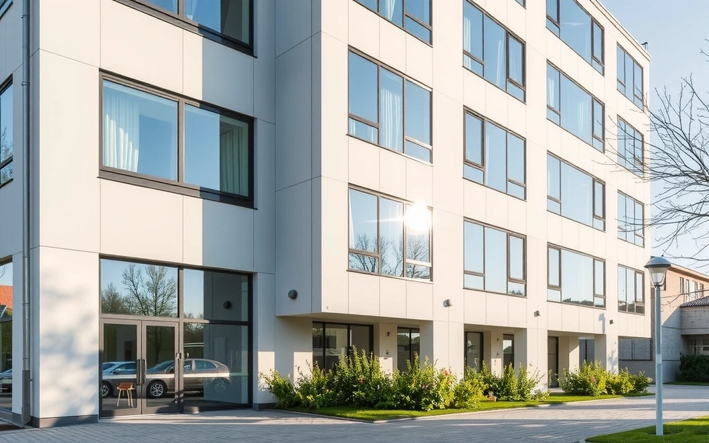 Moderní exteriér kanceláře brandocean v Praze s velkými okny a zelení v okolí.