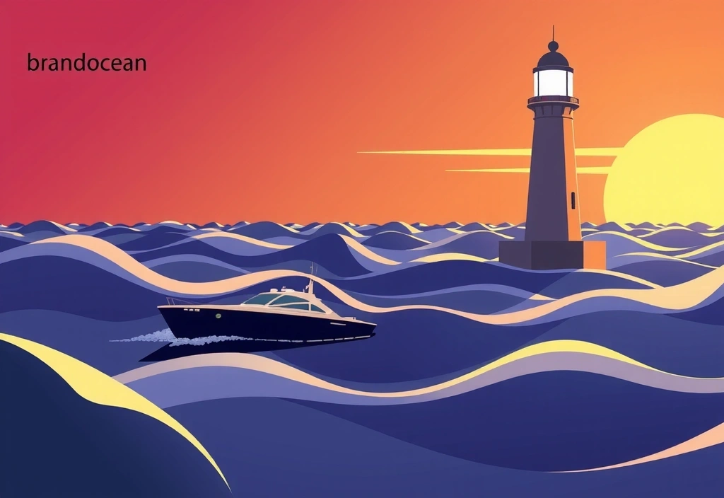 Ilustrace digitálního oceánu s majákem a lodí symbolizující brandocean vedoucí klienty